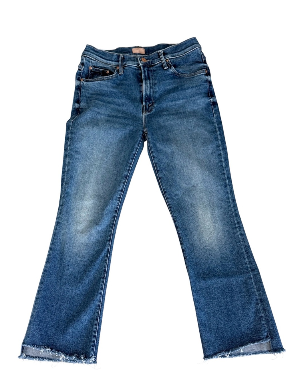 MOTHER Mid-Blue Frayed Hem Flare Jeans. Size 28. High Rise.